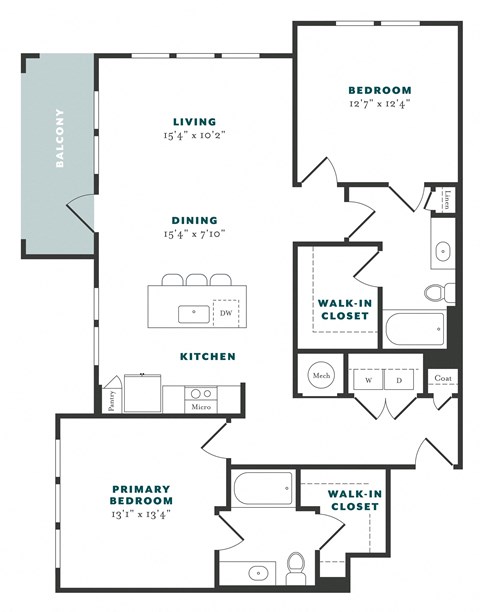 Floor plan for 2 beds, 2 baths, 1226 sqft
